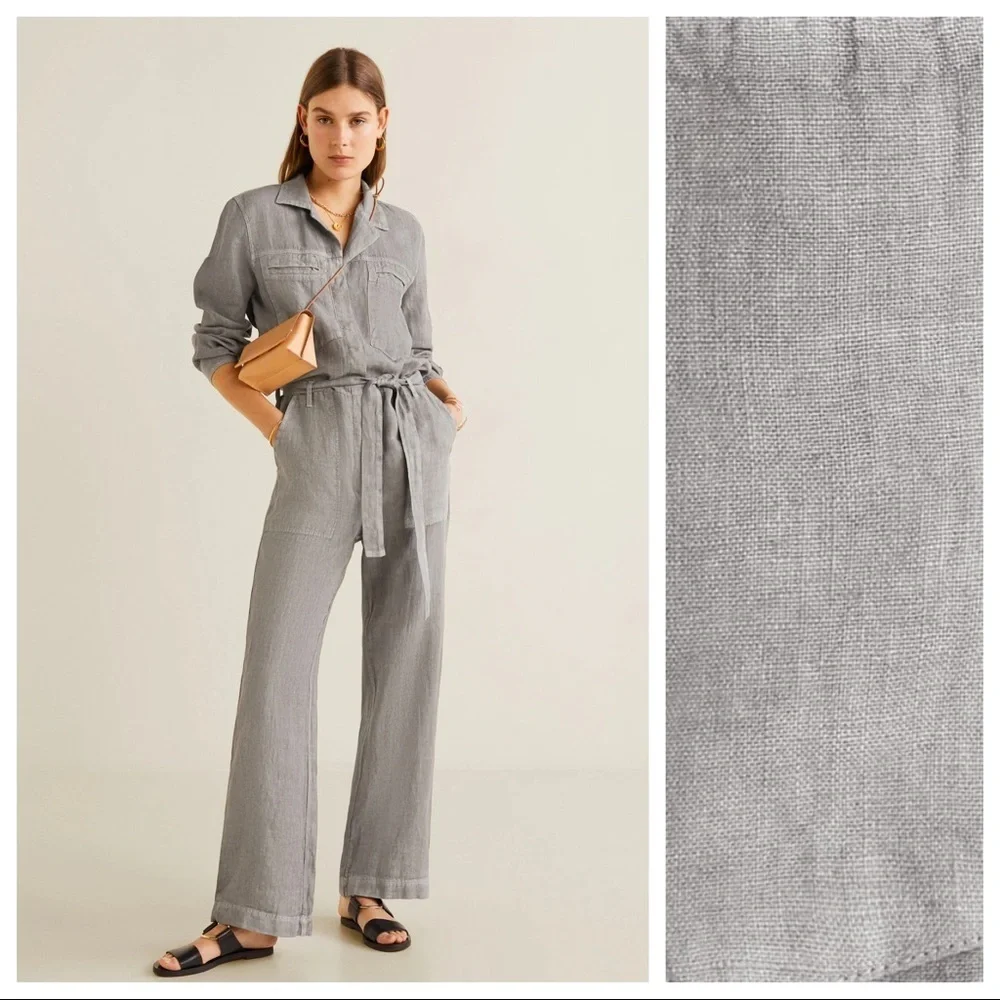 NWT. Mango 100% Linen Gray Long Jumpsuit. Size XS.